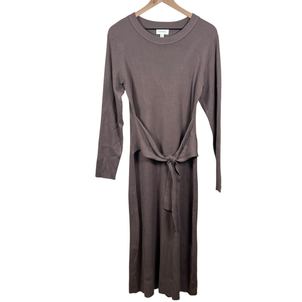 Evereve XL Brown Alfie Long Sleeve Ribbed Knit‎ Tie Waist Midi Sweater Dress